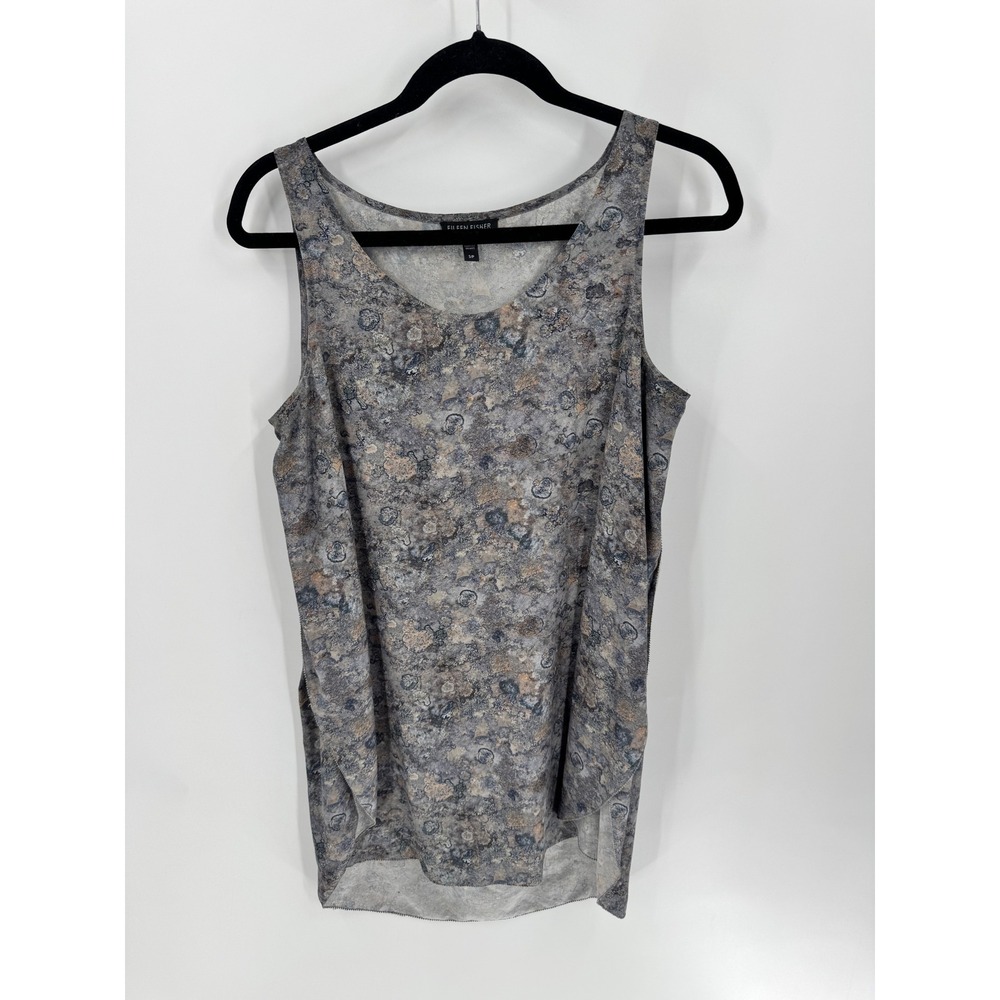 Eileen Fisher Silk Tank Top Women Small Petite Gray Abstract High Low Slits - Picture 1 of 9